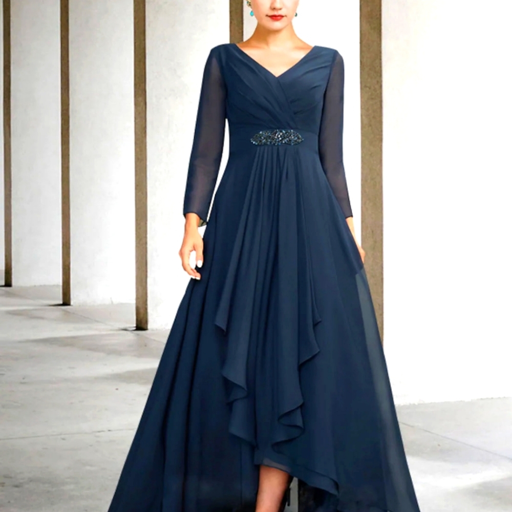 Navy Blue Long Sleeved Embellished High/Low Chiffon Evening Dress Size 16